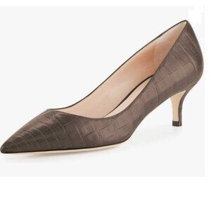 YDN Brown Crocodile Printing Kitten Heel Pumps Pointed Toe Dress Shoes for Lady